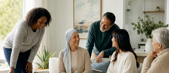 Loved ones gathering with a cancer patient in a living room